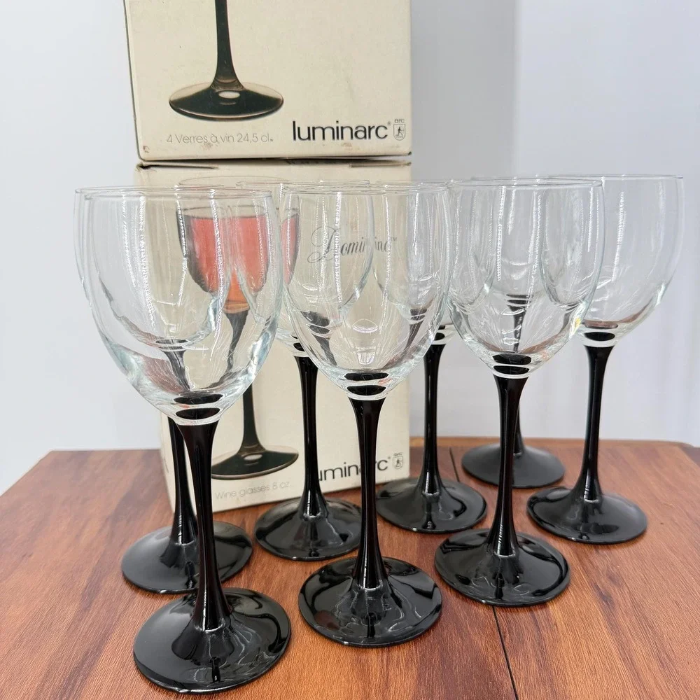 VTG 80s Wine Glasses (8) Luminarc France Black 2 Sets of 4 Domino Original Boxes